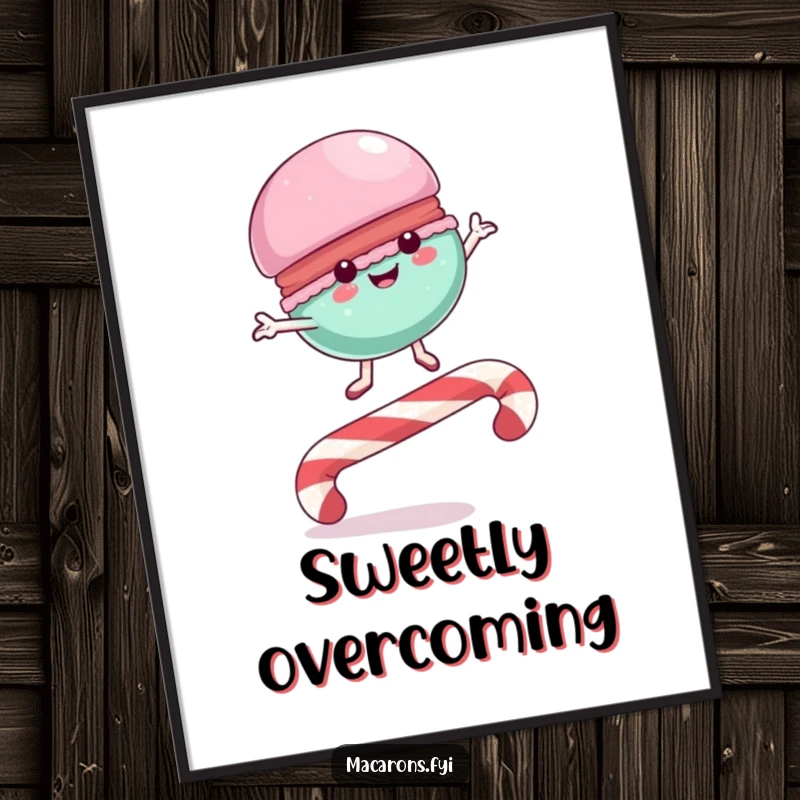Funny Poster depicting a macaron character joyfully leaping over a large, looping candy cane, symbolizing sweet achievements and fun.
