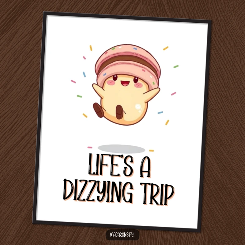 Funny macaron character upside down, mid-cartwheel with sprinkles flying, capturing a moment of pure, funny exuberance on a poster.