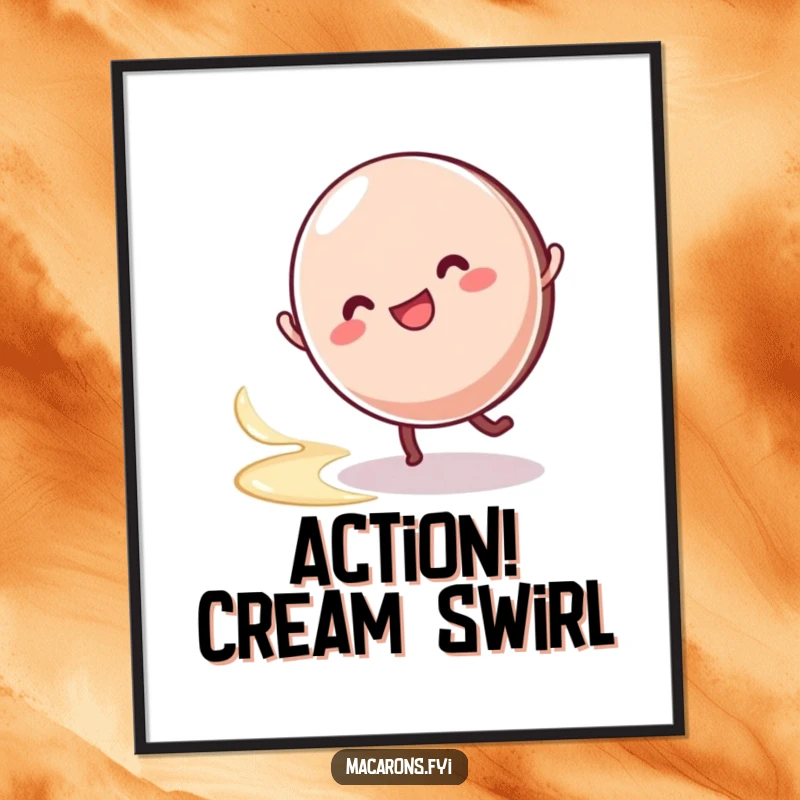 Funny macaron character in a happy cartwheel, leaving a creamy swirl, creating dynamic and humorous wall art.