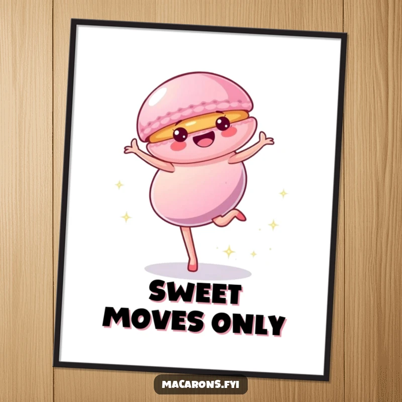 Funny Poster featuring a macaron character performing an energetic cartwheel with a trail of dynamic sparkles, bringing sweet action to walls.
