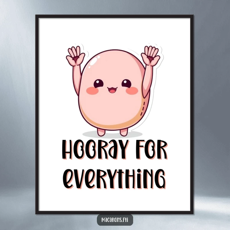 Funny macaron character joyfully cheering with tiny hands raised high, displayed as celebratory wall art.