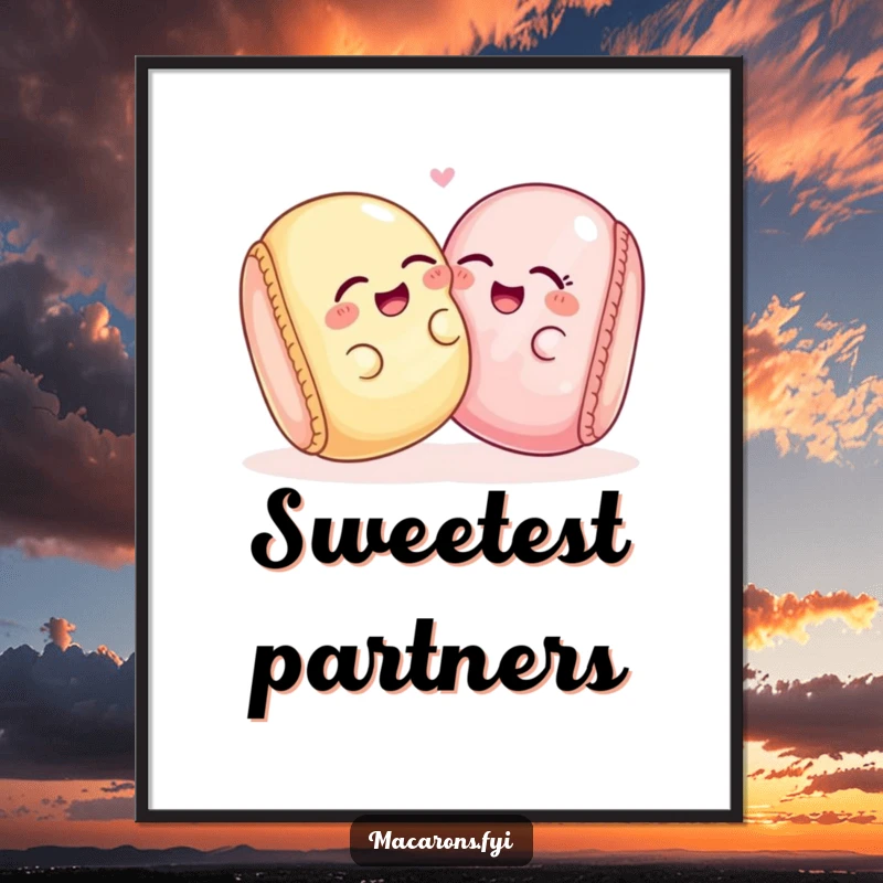 Two funny macaron characters captured mid-giggle, leaning into each other playfully, as a hilarious poster.