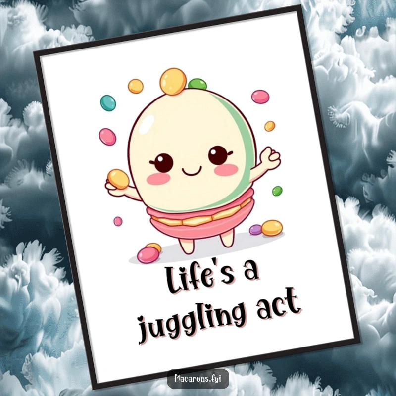 Funny macaron poster of a macaron character juggling colorful candies with a wide smile, vibrant and fun.