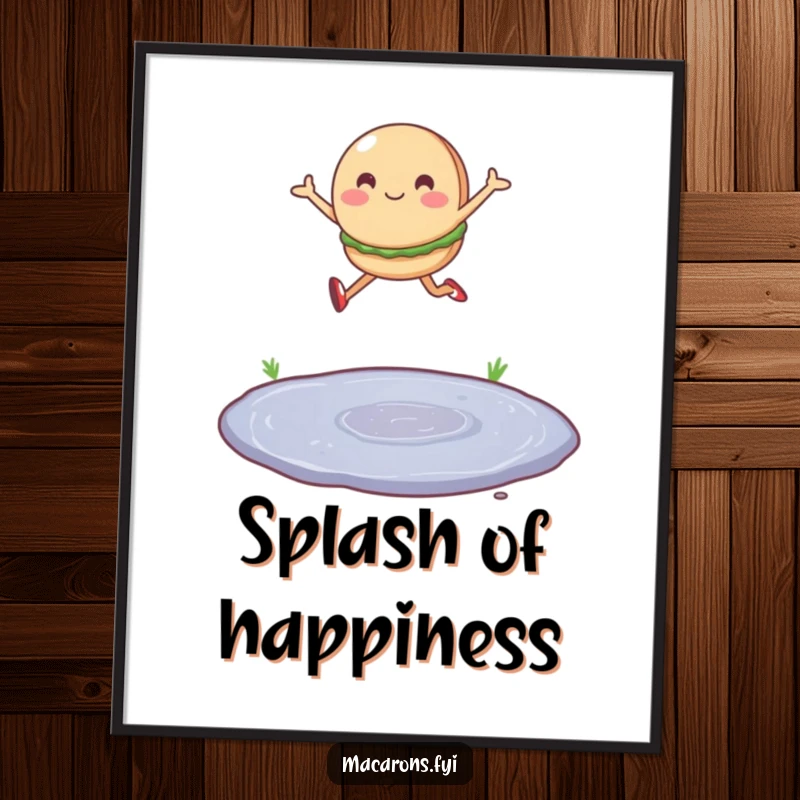 Funny poster featuring a single macaron character leaping joyfully over a tiny puddle, radiating pure optimistic energy.