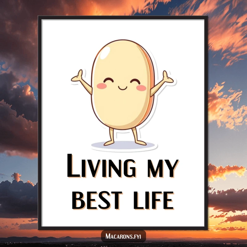 Funny macaron poster showcasing a vibrant character in a comically akimbo pose, bringing cheerful energy and humor to any room.