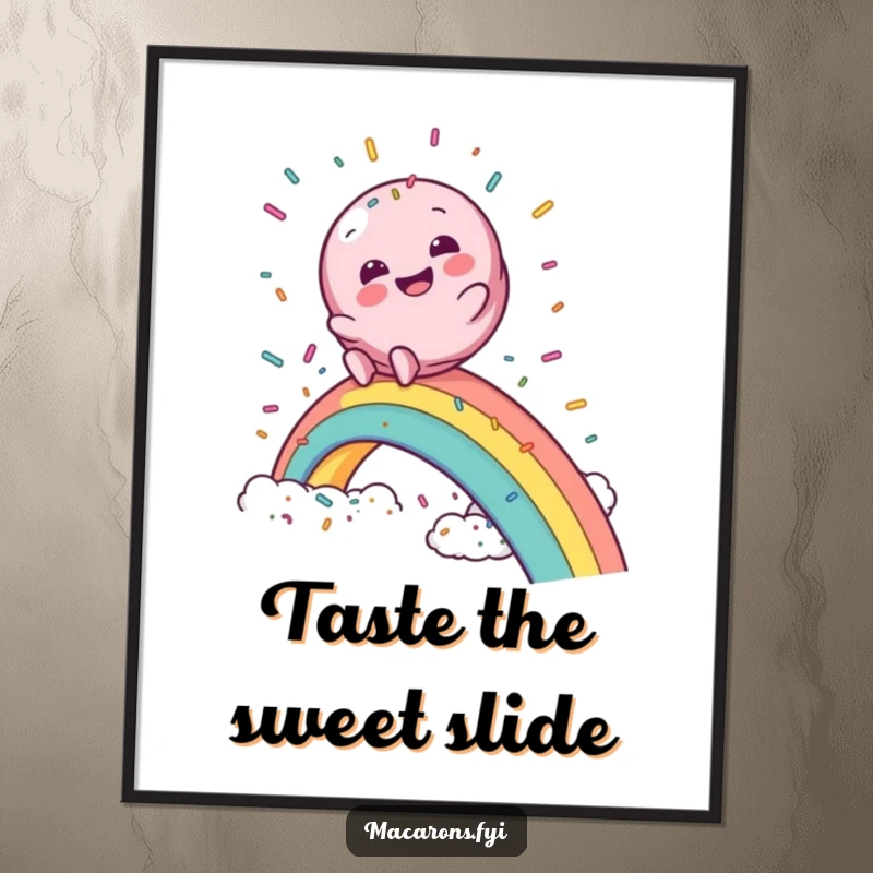 Funny macaron poster showing a macaron character gleefully sliding down a vibrant rainbow into a fluffy cloud of sprinkles.