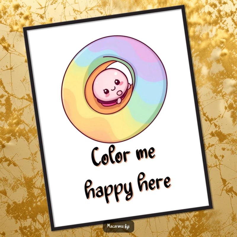 Funny macaron character artistically depicted sliding down a bright, swirly rainbow on a decorative poster.