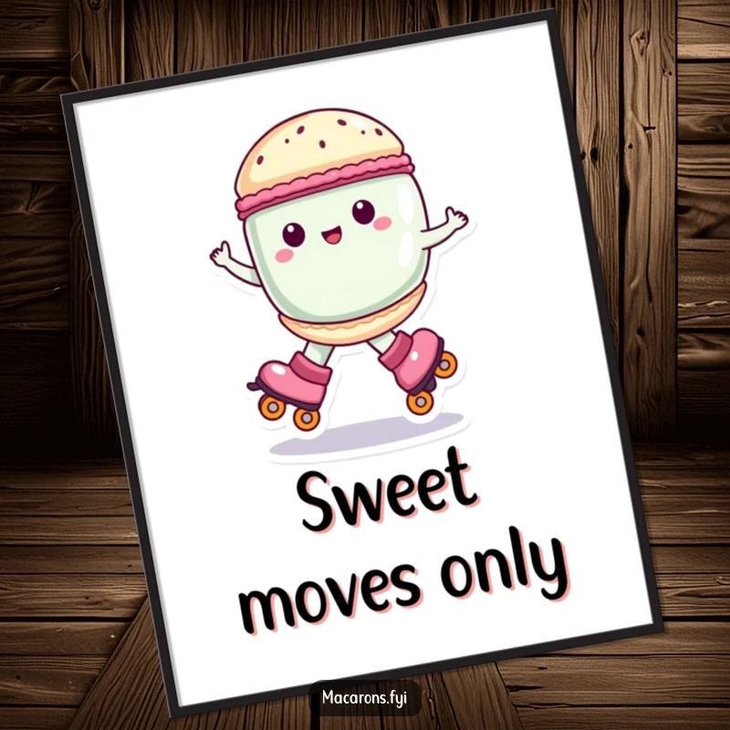 Funny macaron character on roller skates, spinning joyfully, poster art print, excellent funny gift.
