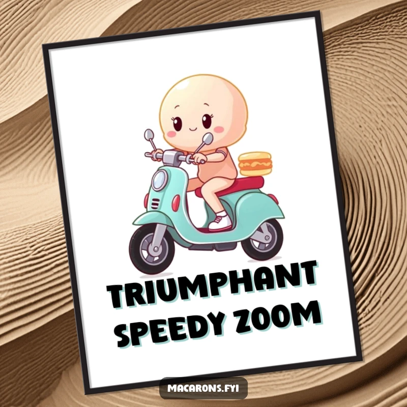 Funny macaron character on a miniature scooter, zooming with a triumphant pose, showcased as dynamic wall art.