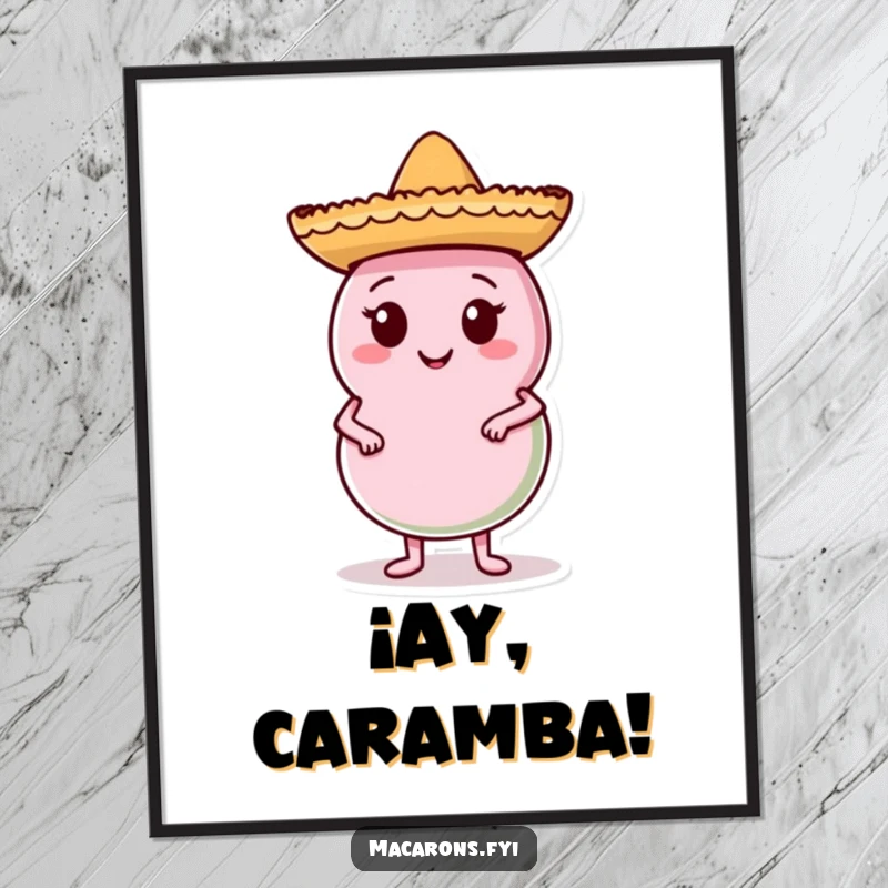 Funny Macaron Poster featuring a macaron character in a small sombrero, striking a confident pose for a humorous and vibrant wall decoration.