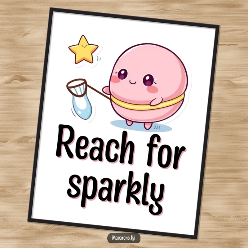 Funny macaron poster showing a macaron character with sparkling eyes catching a floating star with a small net.