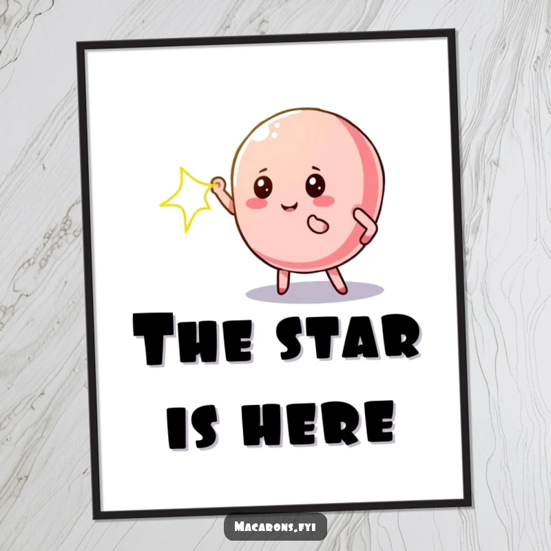 Funny macaron poster of a macaron character striking a dramatic pose under a spotlight, for dramatic decor.