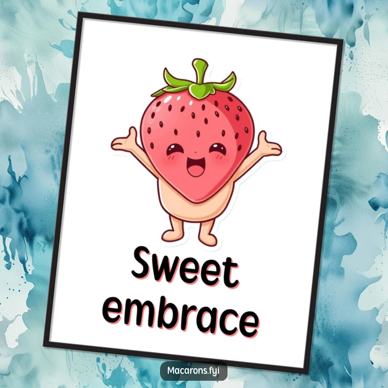 Funny macaron character with open arms embracing a giant strawberry on a wall poster, depicting sweet affection.