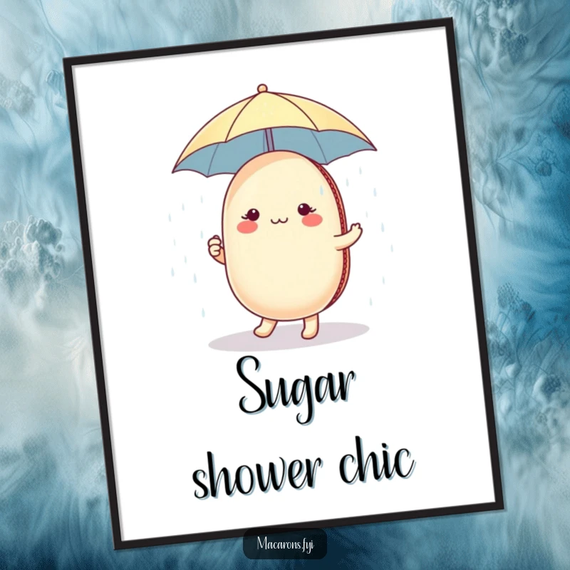 Funny macaron character holding a tiny umbrella, dancing in a sugar shower, creating enchanting and humorous wall art.