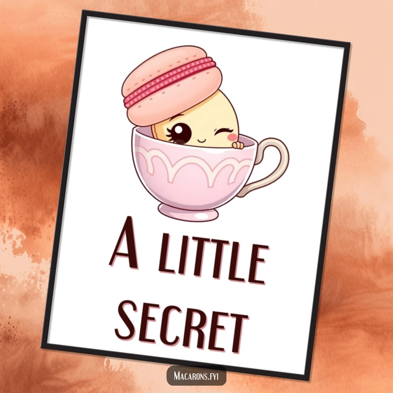 Funny macaron character peeking from behind a giant teacup, offering a wink, as a charming poster print.