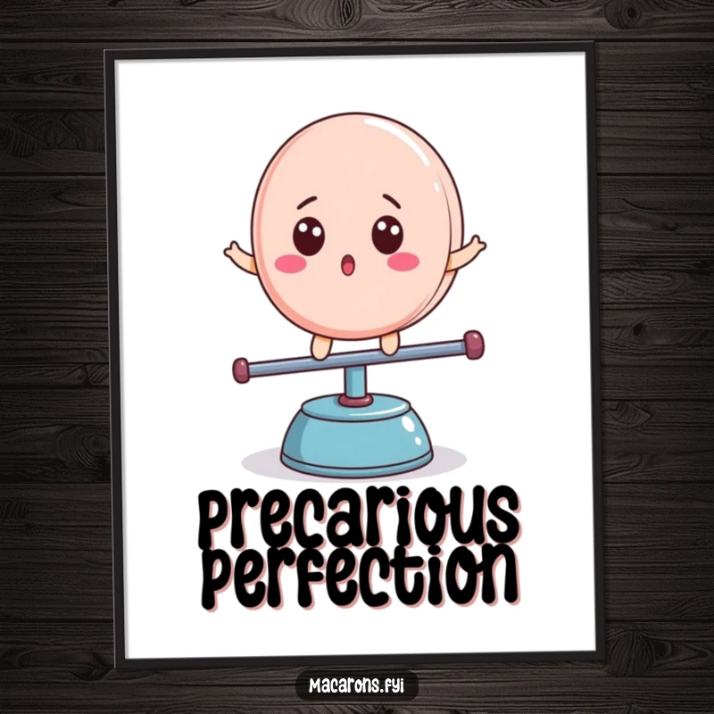 Funny macaron character with surprised expression, balancing on a teeter-totter, poster art print, excellent funny gift.