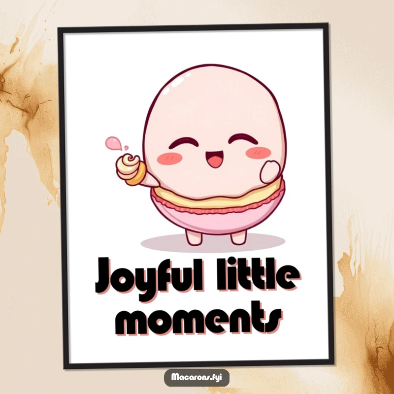 Funny macaron character giggling while being tickled by a frosting swirl, poster art print, excellent funny gift.