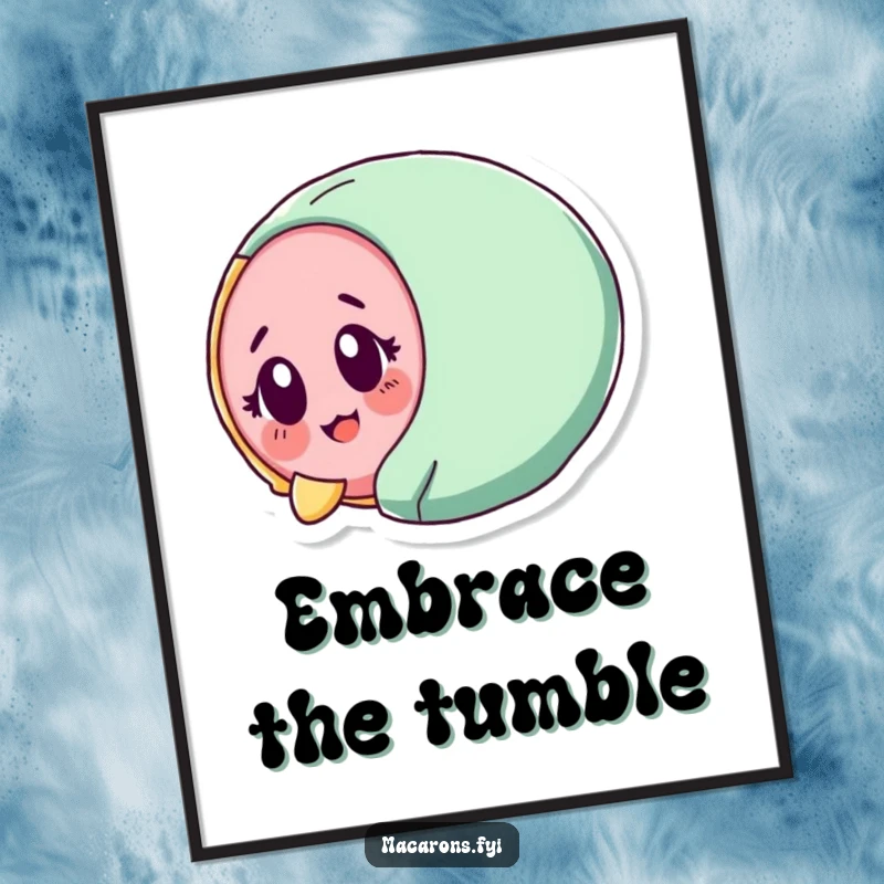 Funny macaron character tumbling with surprised delight, displayed as charming wall art.