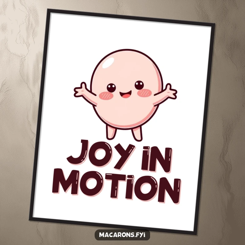 Funny macaron poster showing a happy, blushing macaron character spinning with arms wide in a delightful display.
