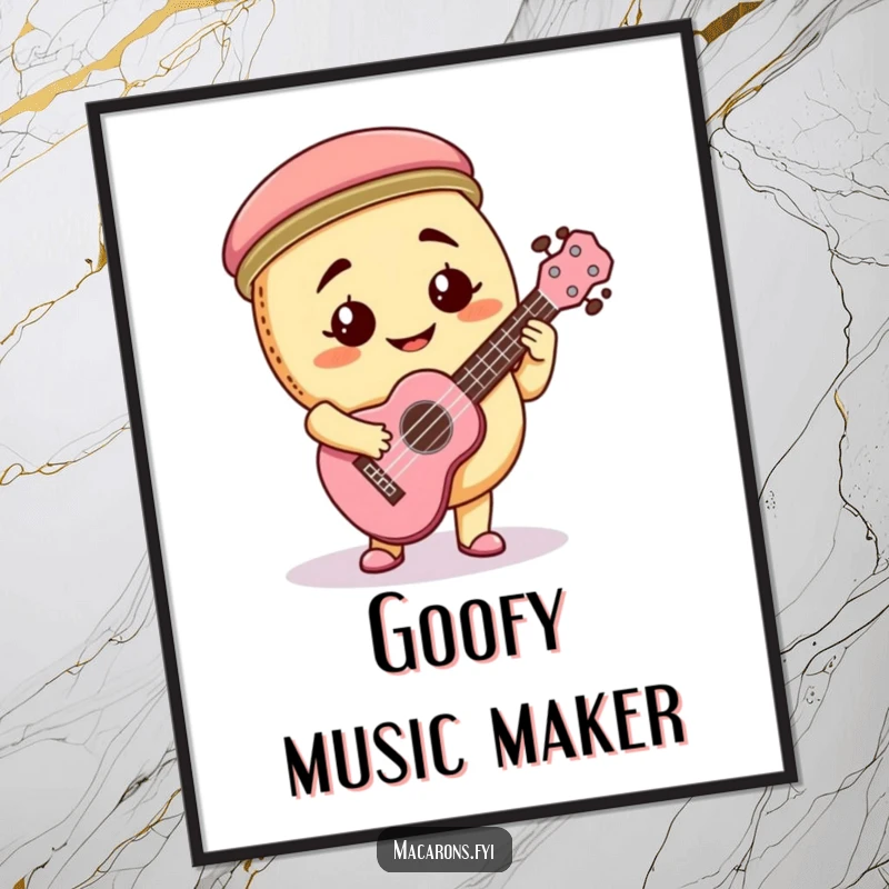 Funny macaron character playing a miniature ukulele with gusto and a goofy smile, showcased as vibrant wall art.