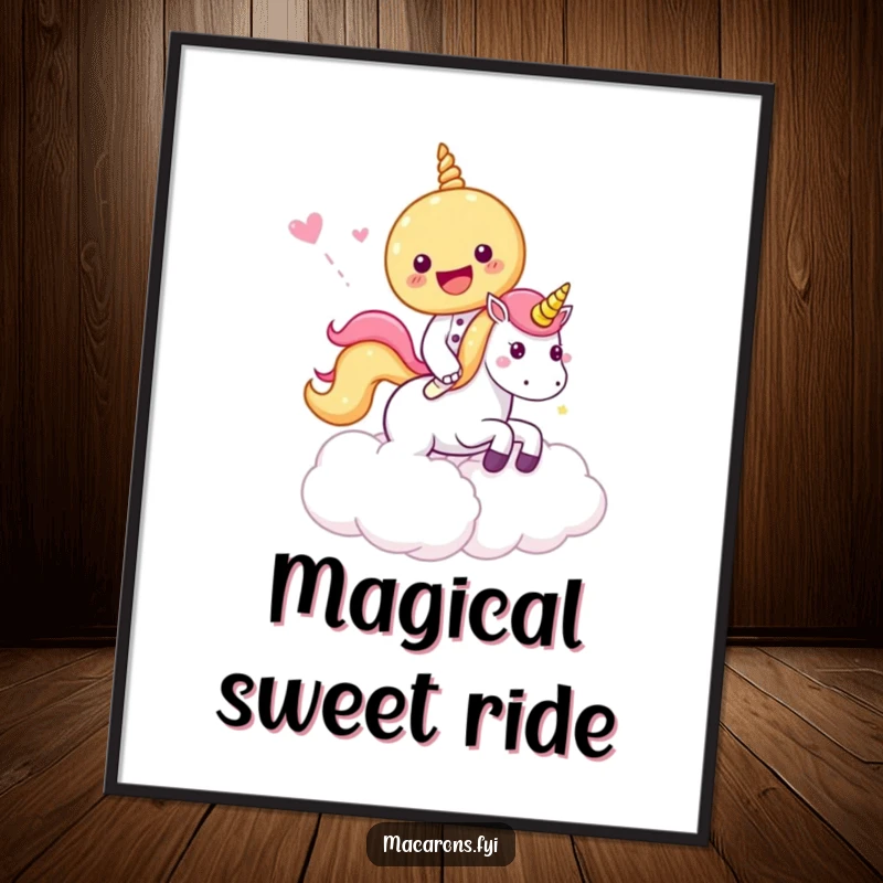 Funny Poster depicting a macaron character riding a tiny unicorn through a whimsical cloud made of candy, creating a magical scene.