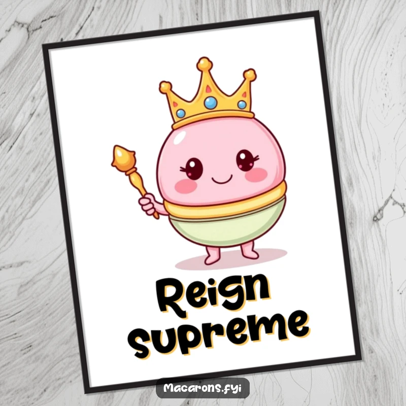 Funny macaron character wearing a crown and holding a golden scepter on a wall poster, embodying sweet royalty.