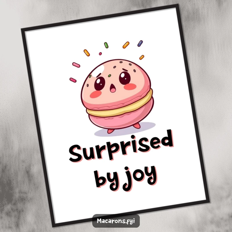 Funny macaron poster showcasing a surprised macaron with a gasp at falling sprinkles, delightful wall art.