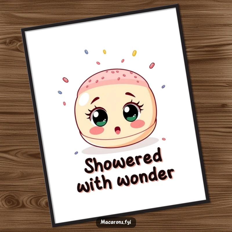 Funny poster art of a surprised macaron with wide eyes gazing upwards as a vibrant cascade of tiny colorful sprinkles rains down.