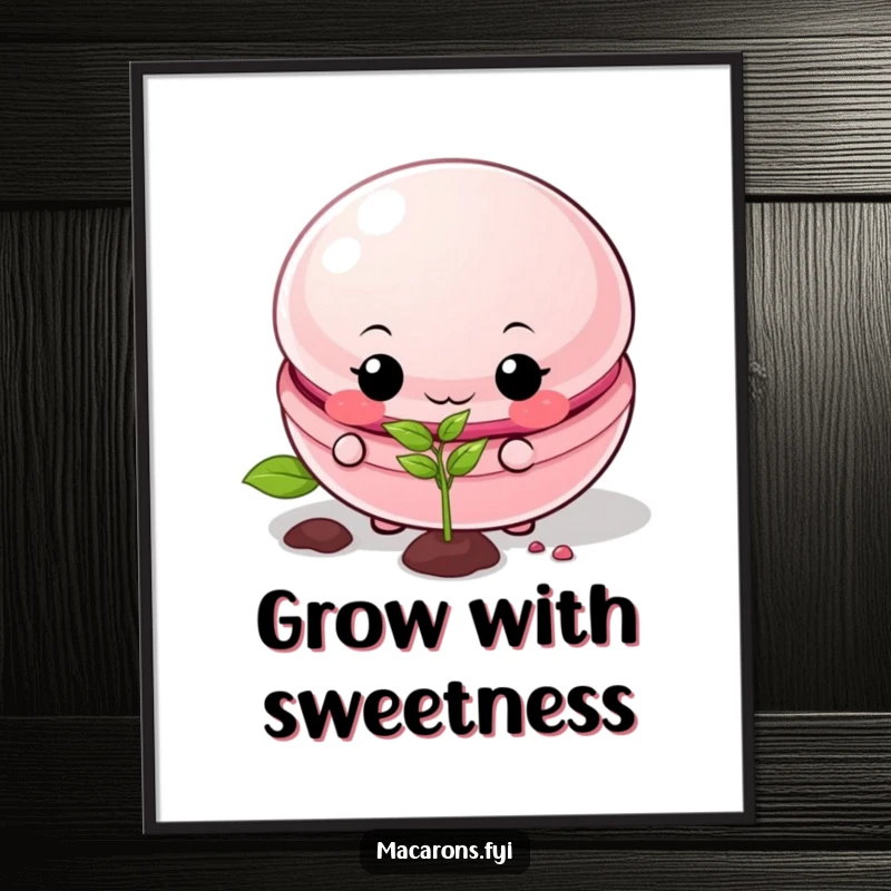 Funny macaron poster of a mischievous macaron planting a tiny seed, adding humor to any room.
