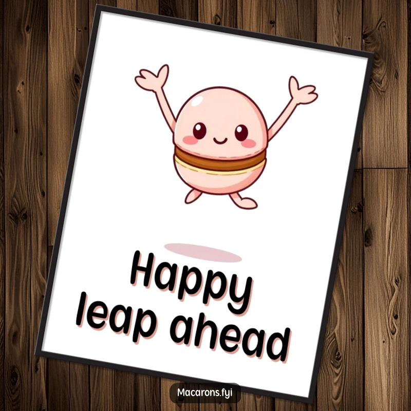 Funny Macaron Poster: Energetic Kawaii macaron character leaping high with arms outstretched happily, bringing visual joy.