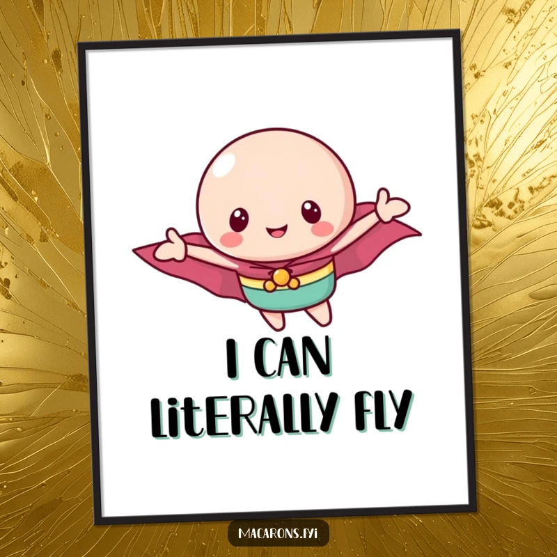 Funny macaron hero poster showing a delightful macaron in a tiny cape flying through the air with immense joy and sweetness.