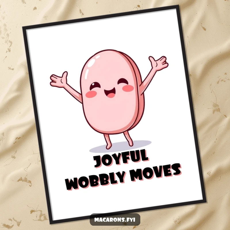 Funny macaron character doing a joyful, wobbly dance with arms outstretched, as a lively poster print.