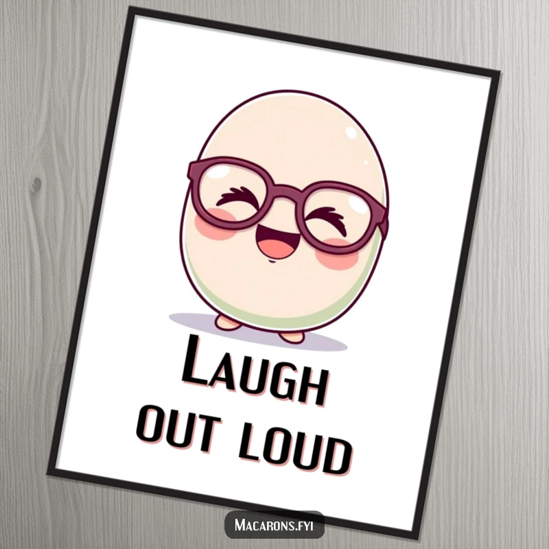 Funny macaron character in a fit of giggles, wearing enormous, amusing glasses, depicted as a vibrant poster.