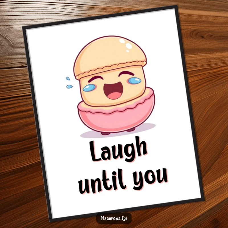 Funny macaron character laughing heartily with little joyful tears escaping, as a vibrant poster print.