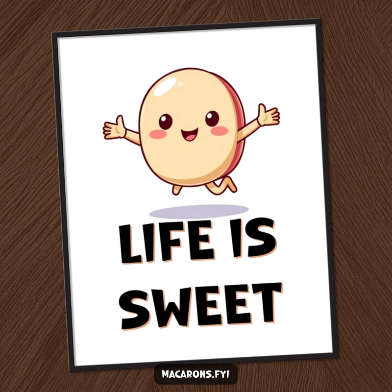 Funny macaron character joyfully running with arms outstretched, presented as a hilarious poster for wall art.