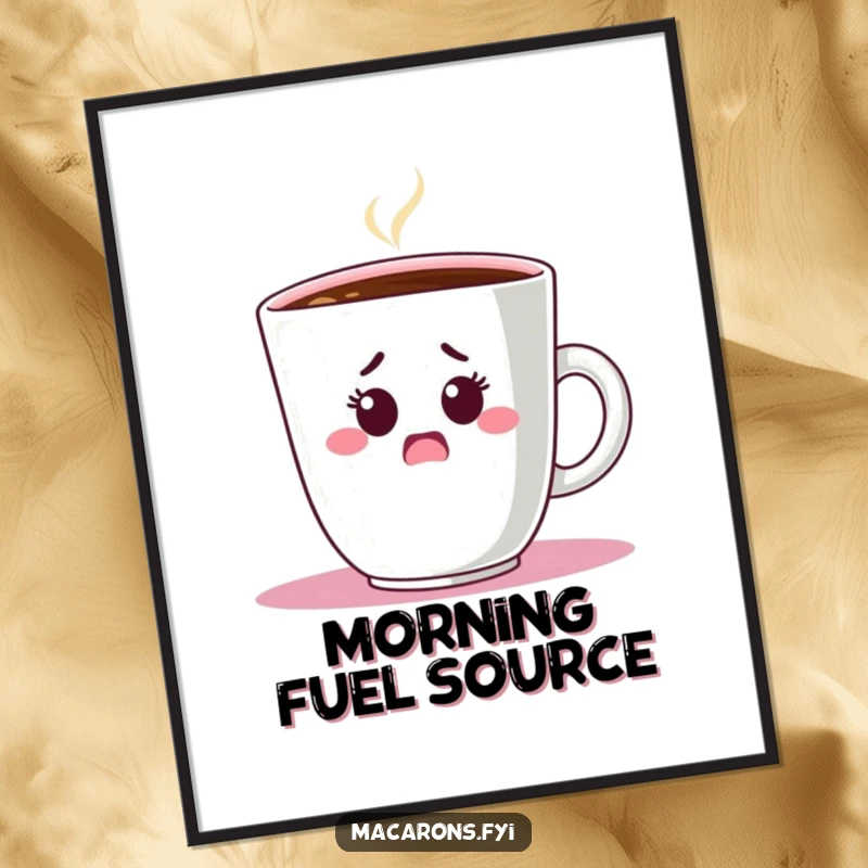 Funny Poster: A shocked macaron character’s face is visible as it peeks out from behind a giant coffee cup, expressing surprise.