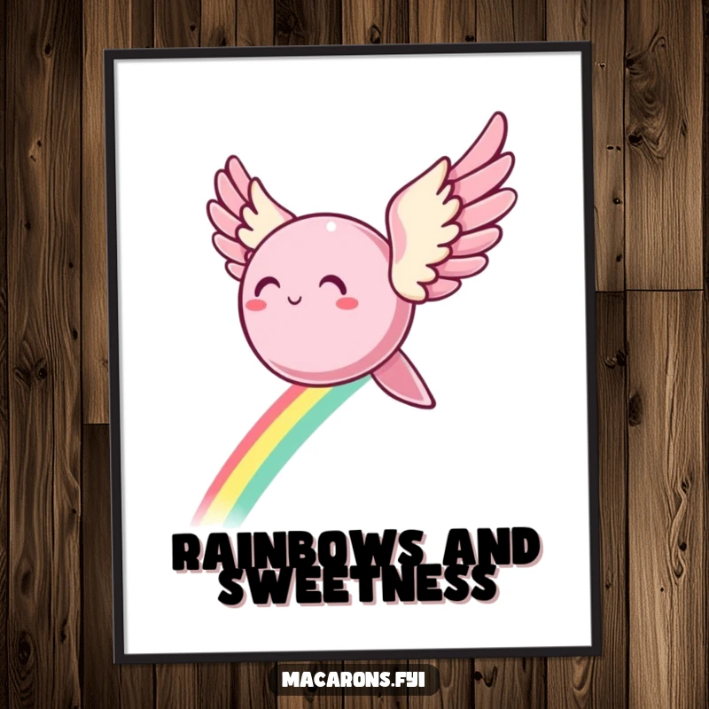 Funny Poster: A macaron character with elegant wings flies high, leaving a vivid rainbow trail, creating a whimsical atmosphere.