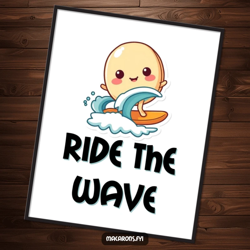 Funny macaron character joyfully surfing on a miniature wave, depicted as vibrant wall art for a beachy, fun atmosphere.