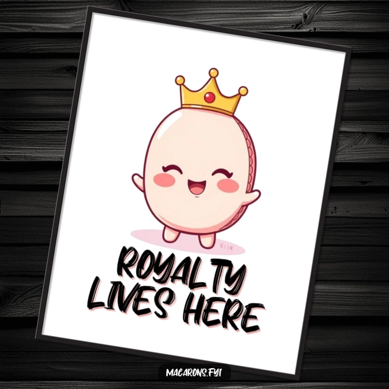 Funny giggling macaron character adorned with a tiny crown, exuding regal charm, presented as elegant wall art.