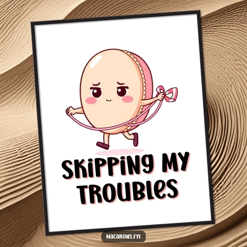 Funny macaron character giving it their all while skipping rope with a licorice lace, presented in a vibrant art print for wall decor.