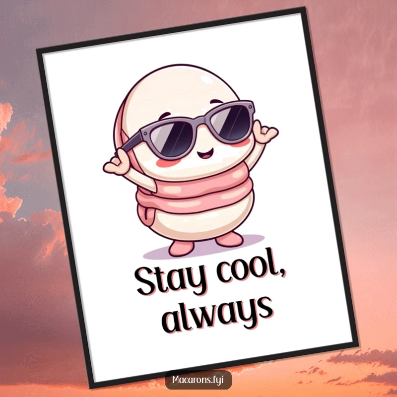 Funny Kawaii macaron character wearing sunglasses and posing, a cool and humorous art poster.