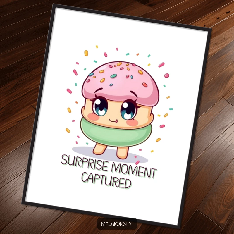 Funny macaron character with wide eyes, being showered by a vibrant cascade of colorful confetti, creating cheerful wall art.