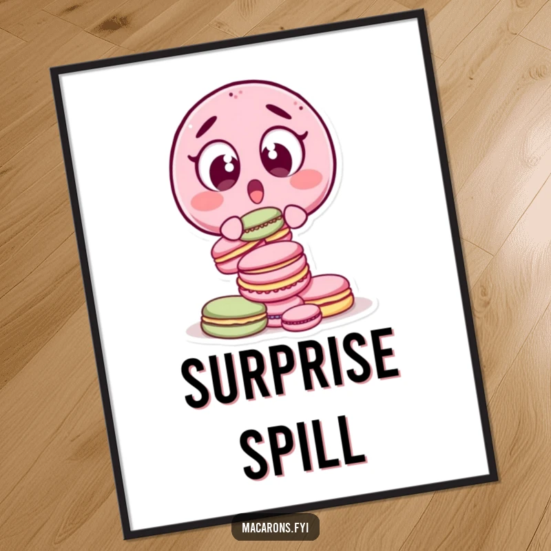 Funny surprised macaron character with wide eyes, dropping a stack of macarons, in a whimsical poster design.