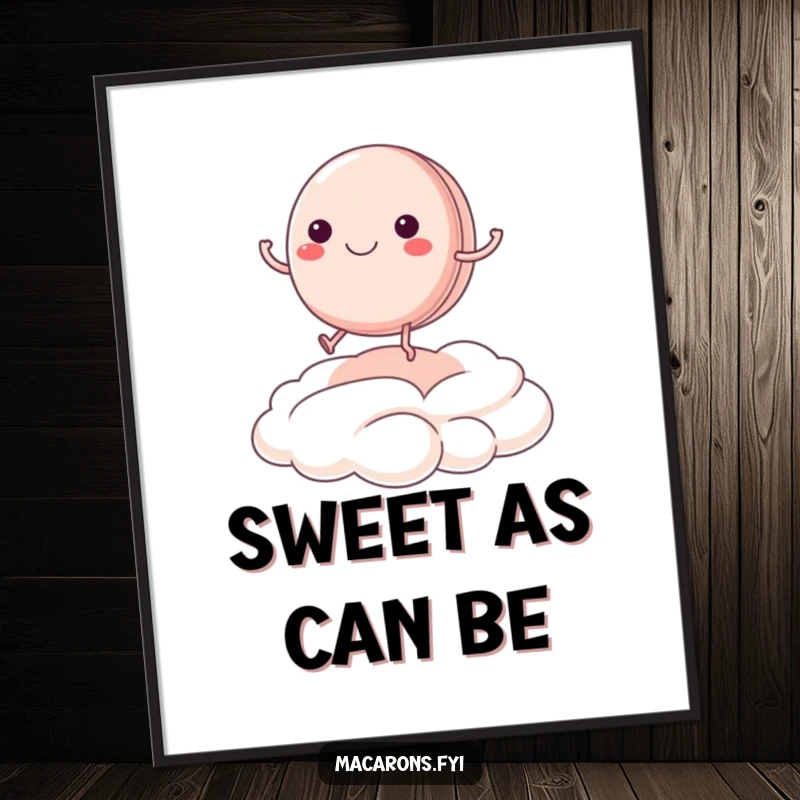Funny macaron character with tiny legs joyfully bouncing on a fluffy cream cloud, on a vibrant wall poster.