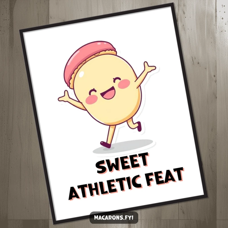 Funny macaron character captured mid-cartwheel with a wide grin, presented as a hilarious poster for wall art.