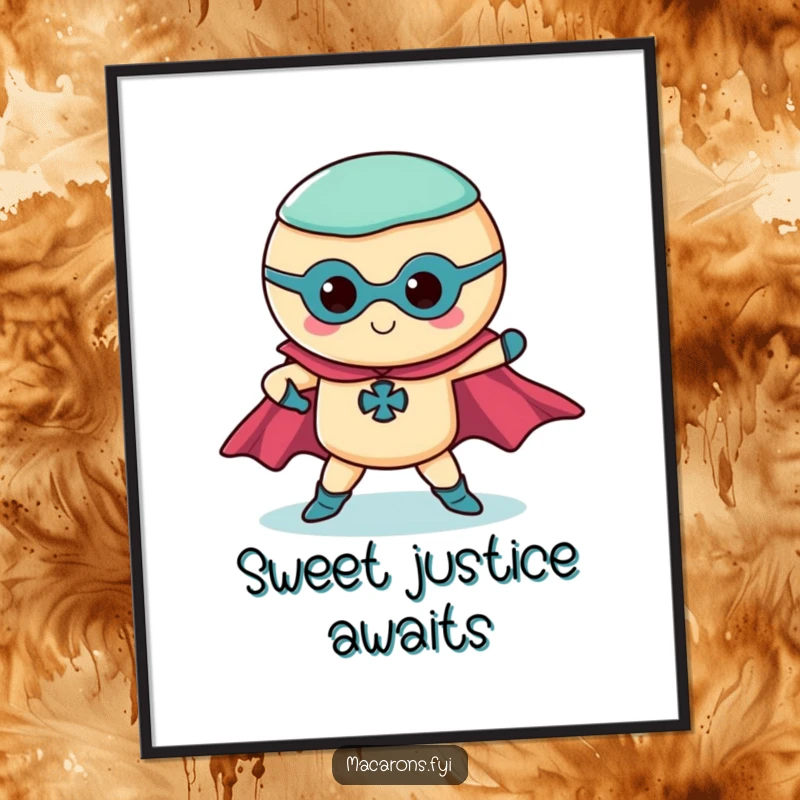 Funny superhero macaron poster featuring a macaron striking a dramatic pose with its capes flowing, heroic wall art.