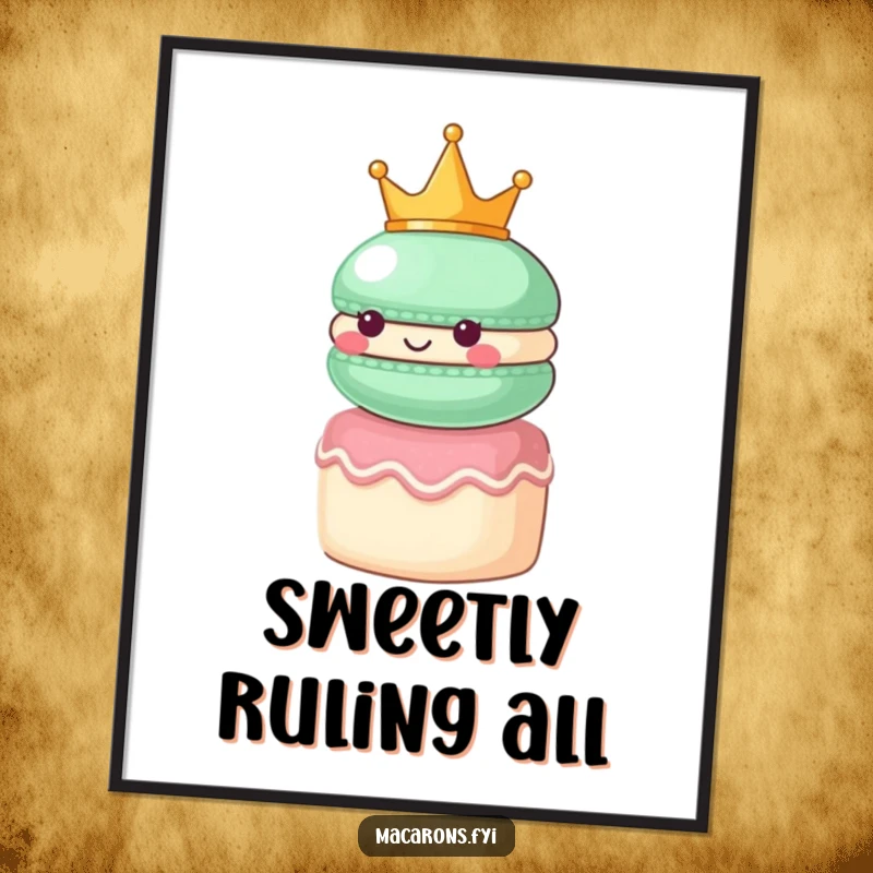 Funny macaron character wearing a small crown, looking regal atop a tiny cake, as a stately poster print.
