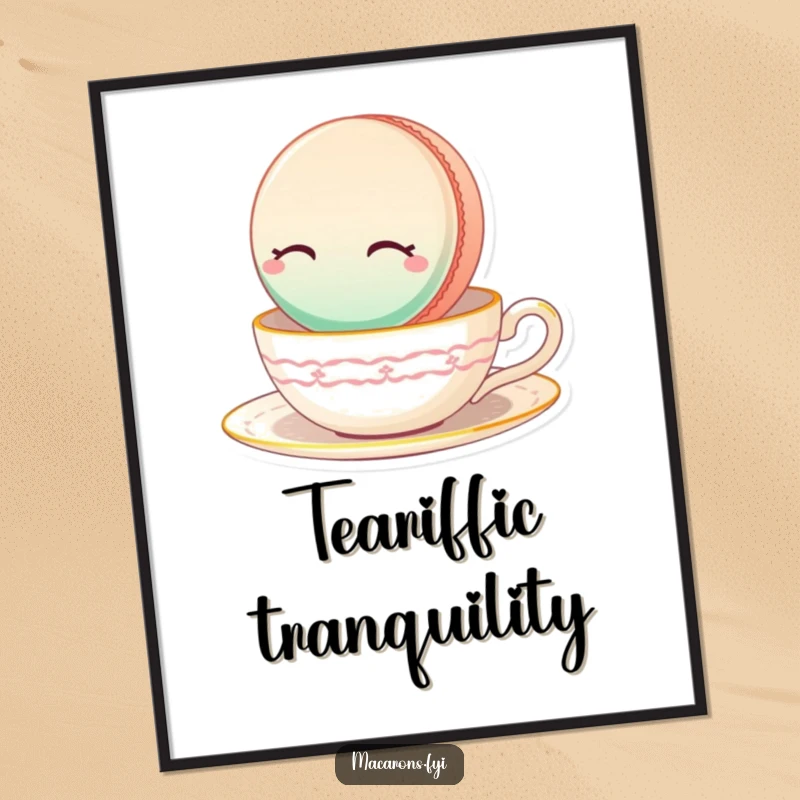Funny Macaron Poster depicting a serene macaron with eyes closed, floating gracefully on a teacup.