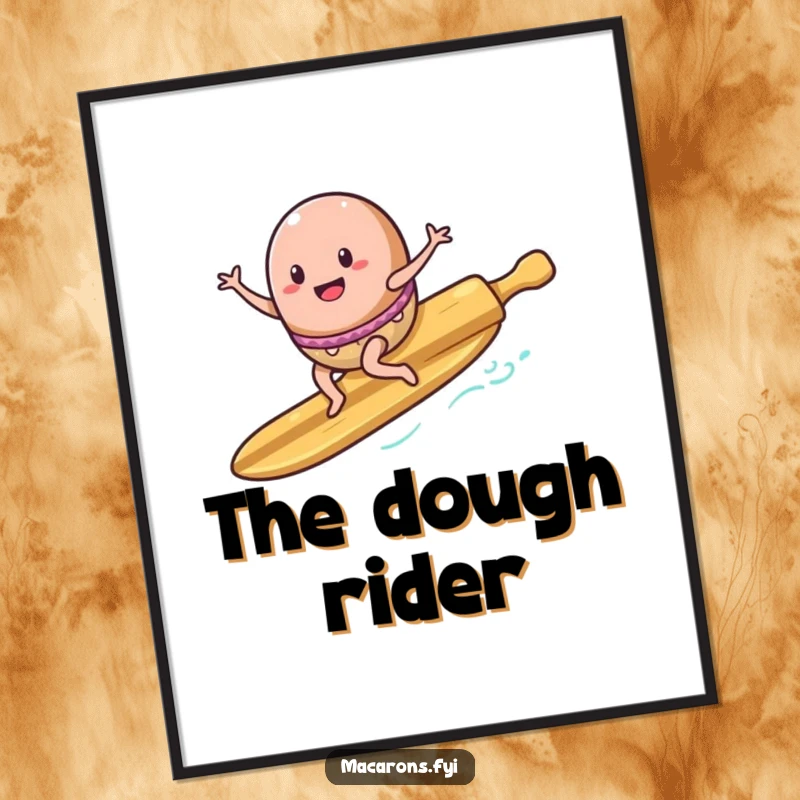 Funny Poster: A macaron character enthusiastically surfs on a rolling pin, designed to look like a surfboard, capturing thrilling motion.
