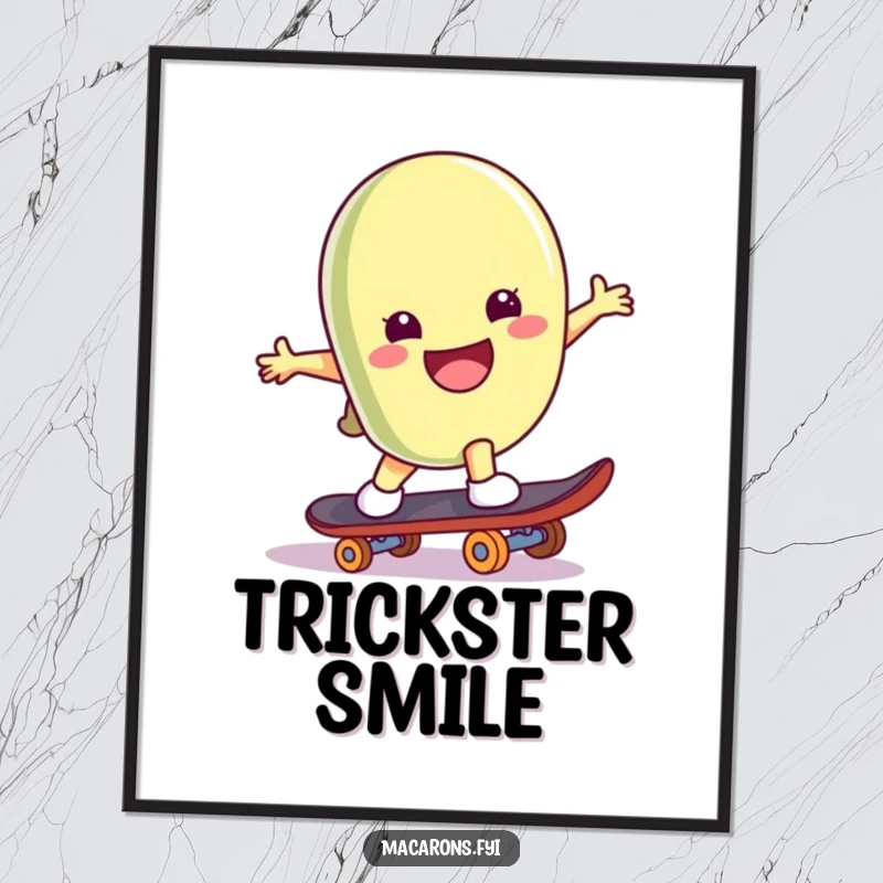Funny macaron character on a skateboard, performing a trick with a big smile, in a dynamic poster design.
